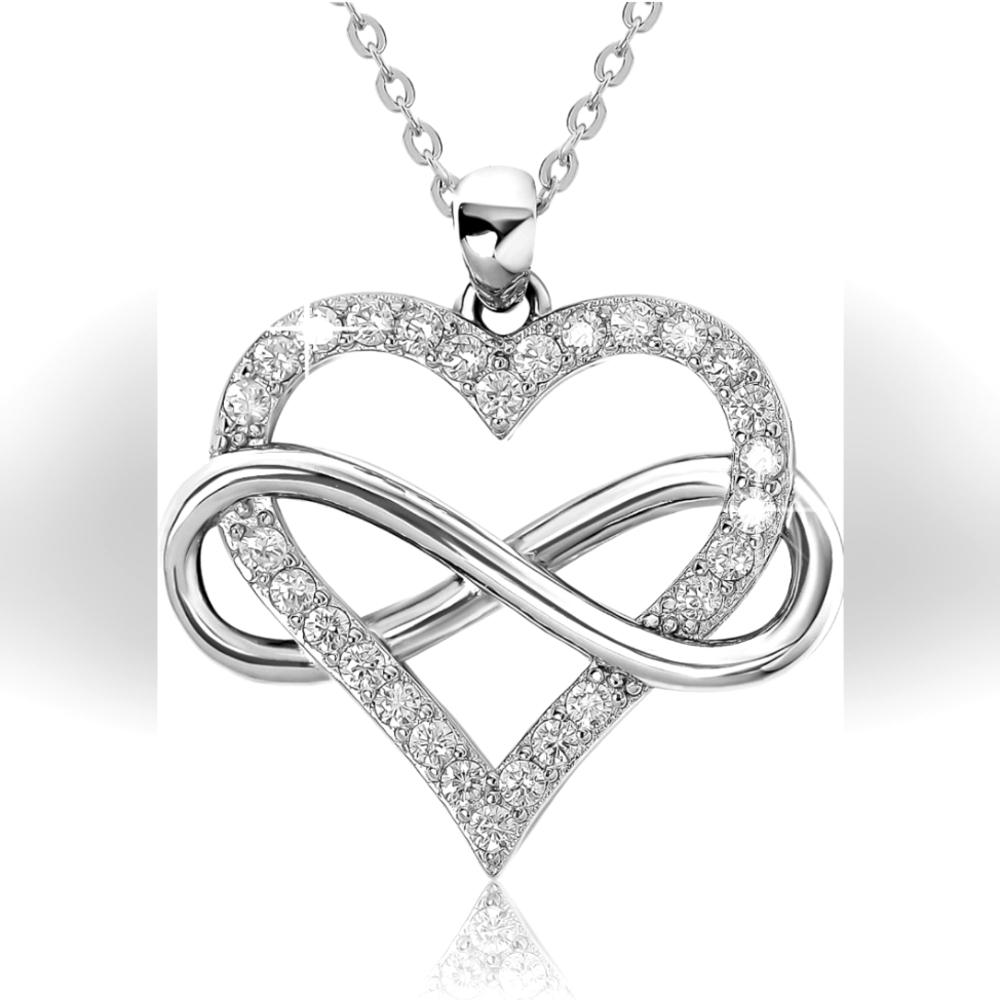 Infinity Heart Necklace 925 Silver Tone with Cubic Zirconia Stones for Women